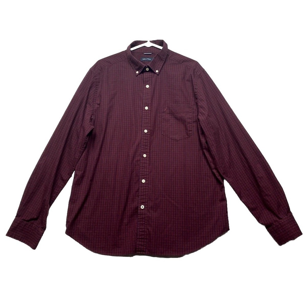 Nautica Shirt Mens XL Maroon Windowpane Curved Hem Logo Pleated Button Down